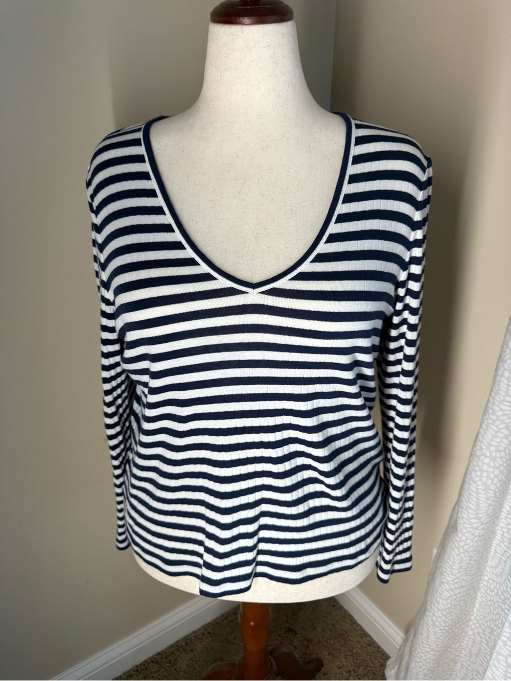Boden Navy and White Striped V-Neck Long Sleeve Top